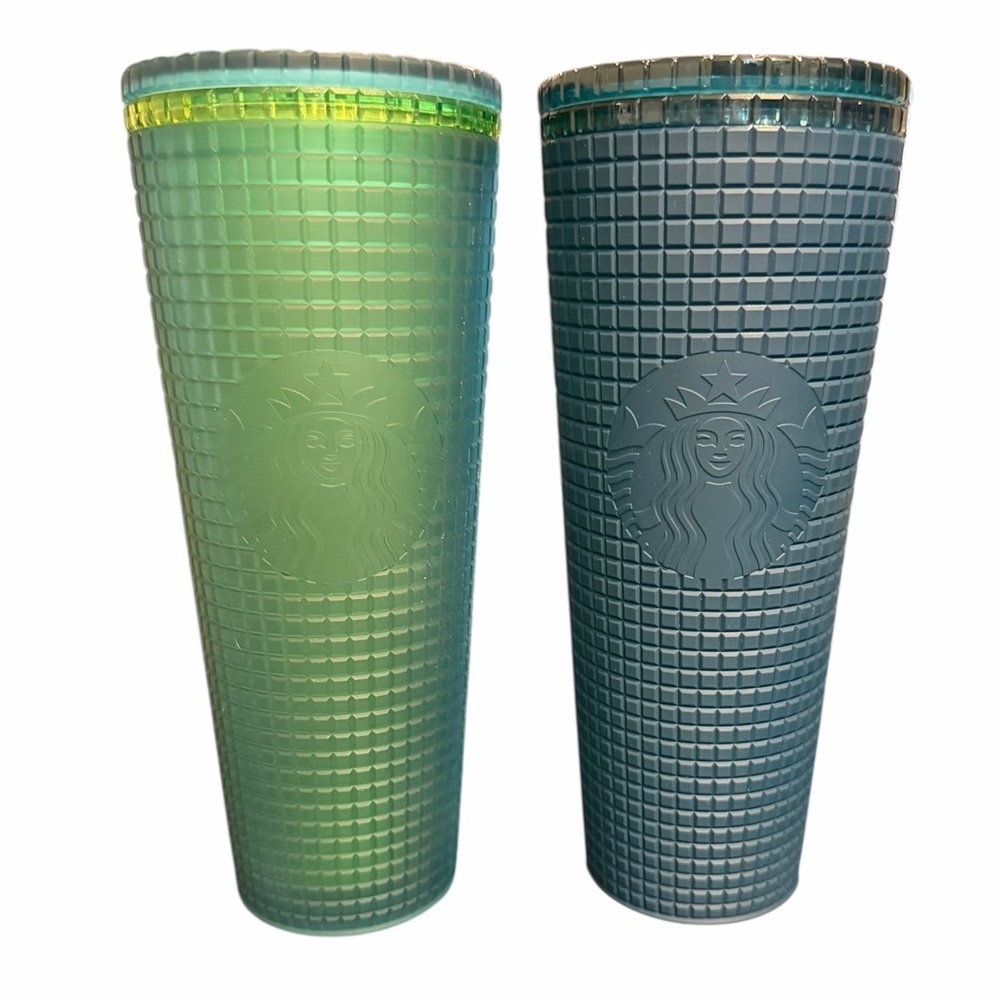 2 Starbucks Soft Touch Grid 24oz Venti Tumblers 2022 Mountain Dew Cobalt Blue EC
